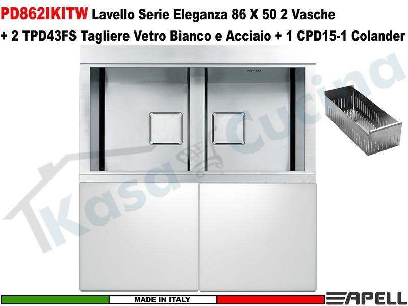Lavello Apell PD862IKITW ELEGANZA 86X50 2 Vasche +2 Taglieri Bianchi +1 Colander