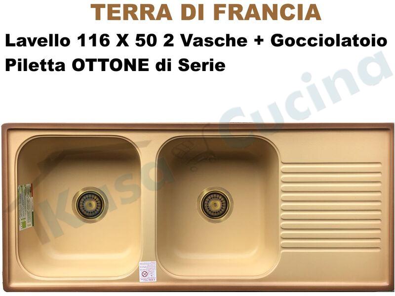 Lavello Cucina Futura 2 Vasche cm.116X50 Duralast Terra di Francia con Pilette Ottone