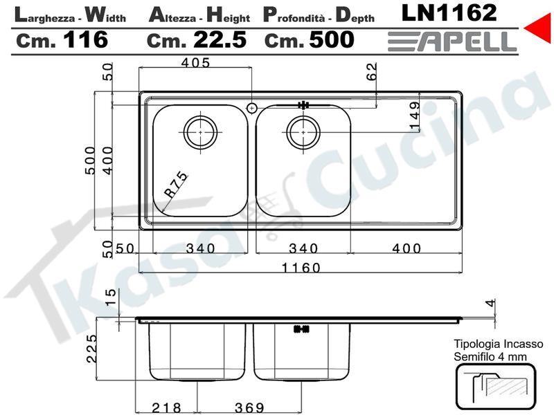 Lavello da Incasso Linear cm.116x50 in Acciaio Inox 2 Vasche Sinistra