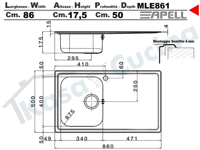 Lavello Incasso cm. 86x50 Acciaio Inox Spazzolato Melodia 1 Vasca Destra
