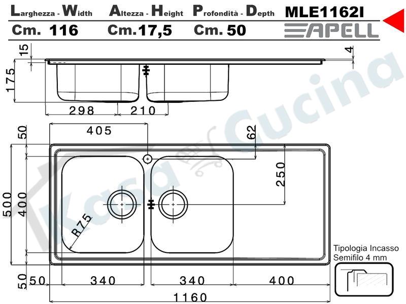 Lavello Incasso cm.116x50 Acciaio Inox Spazzolato Melodia 2 Vasche Destre