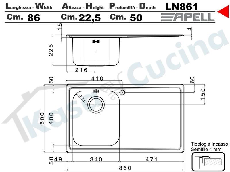 Lavello Apell Linear LN861IRBC 86X50 1 Vasca SX + Gocciolatoio DX Acciaio