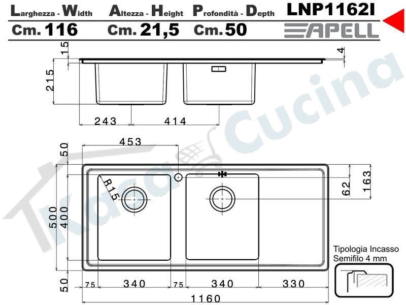 Lavello da Incasso Linear Plus cm.116x50 Acciaio Spazzolato 2 Vasche Destra