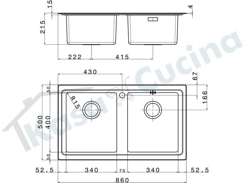 Lavello Cucina Linear 2 Vasche cm. 86x50 Acciaio Inox