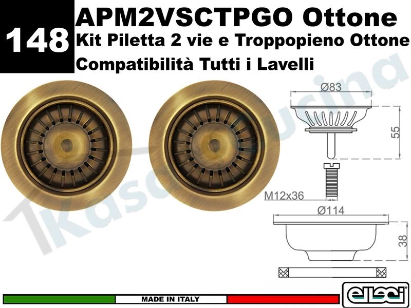 Accessorio 148 APM2VSCTPGO Piletta e Troppopieno 2 Vie da Ø 3,5" Ottone Antico