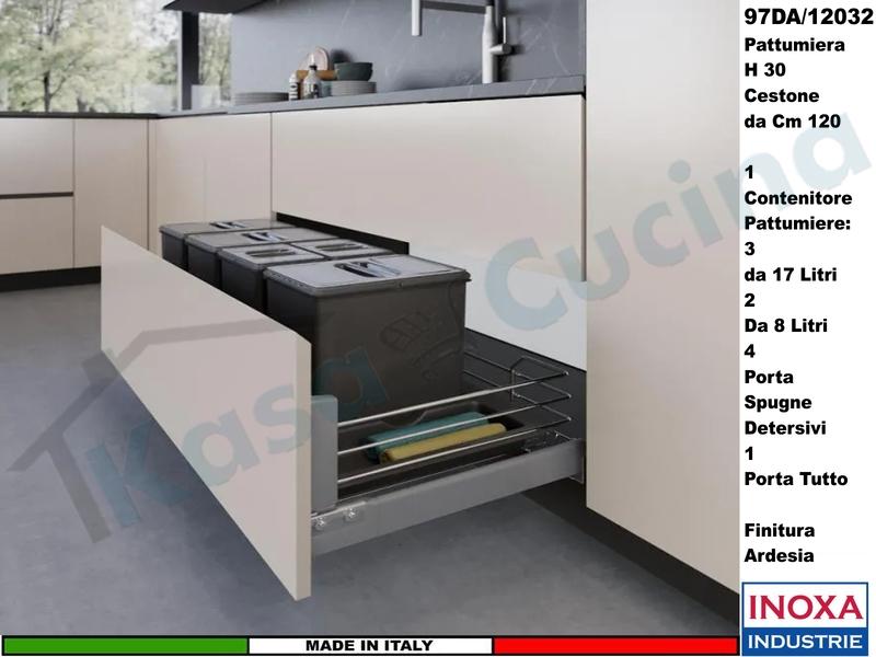 Set 2 Pattumiera Incasso Inoxa 97DA/12032 H30 Raccolta Differenziata Rifiuti XBase 120