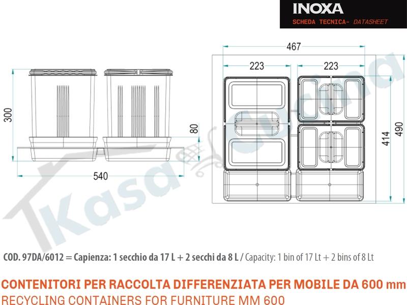 Set 2 Pattumiera Incasso Inoxa 97DA/6012 H 30 Raccolta Differenziata  Rifiuti X Base 60