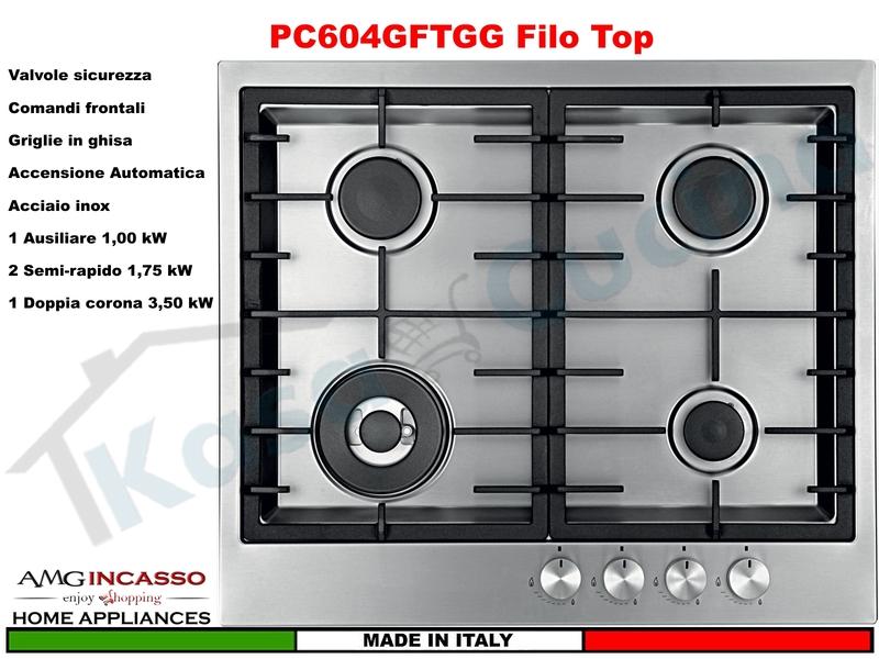 Piano Cottura AMG Home PC604GFTGGX Filo Top  cm.60 4 Fuochi Griglie Ghisa Acciaio
