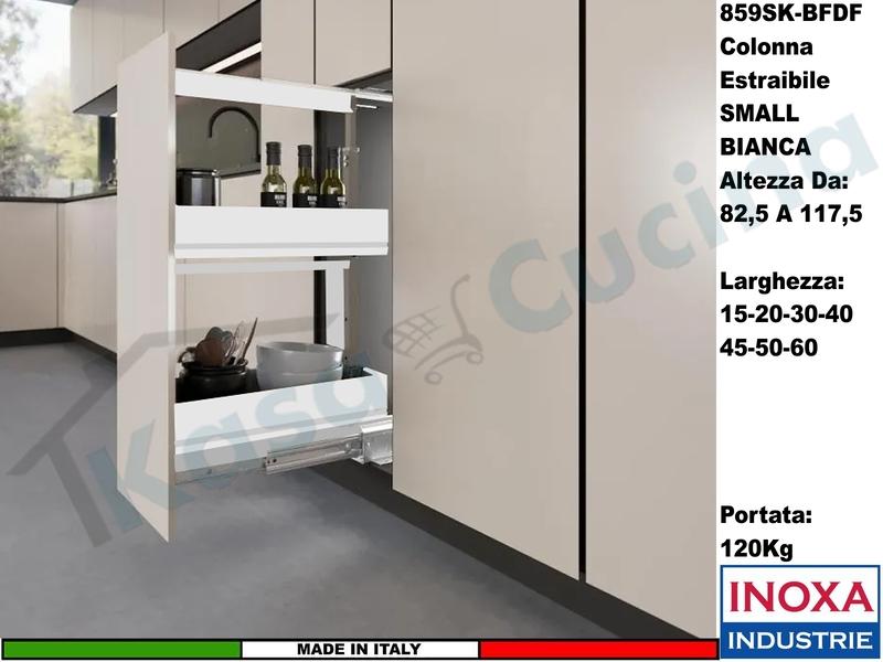 Colonna Dispensa Largh.15 859SK/15 H.da 82,5 a 117,5 Bianco e 2 Cesti Bianchi