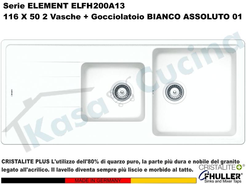 Lavello Element ELFH200A01 116X50 2 Vasche + Gocciolatoio Cristalite® A01 BIANCO ASSOLUTO