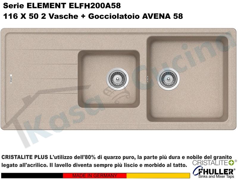 Lavello Element ELFH200A58 116X50 2 Vasche + Gocciolatoio Cristalite® A58 AVENA