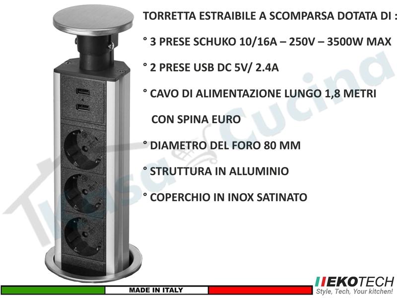 Torretta Multipresa Estraibile a Scomparsa Incasso con 3 Prese e 2 USB Grigia