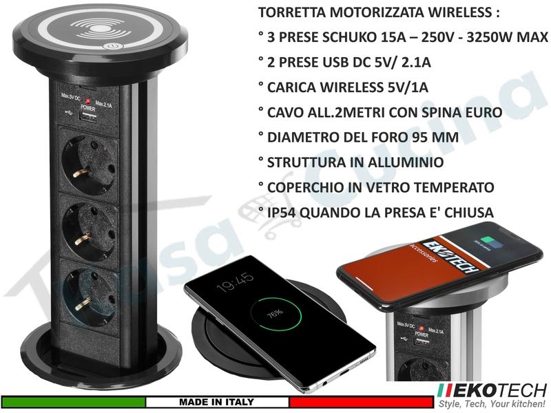 Torretta Multipresa Estraibile Motorizzata 3 Prese 2 USB Ricarica Wireless Nera