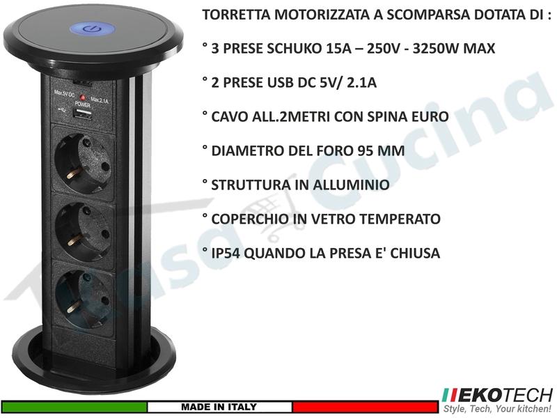 Torretta Multipresa Estraibile Motorizzata a Scomparsa con 3 Prese e 2 USB Nera