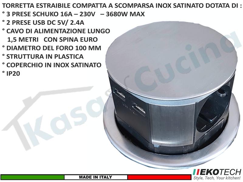 Torretta Multipresa Estraibile a Scomparsa con 3 Prese e 2 USB Compatta Grigia
