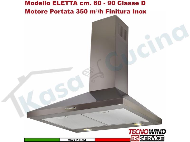 Cappa Parete Camino Moderna 90 Tecnowind ELETTA K217R0218 Inox Motore 350 m³/h