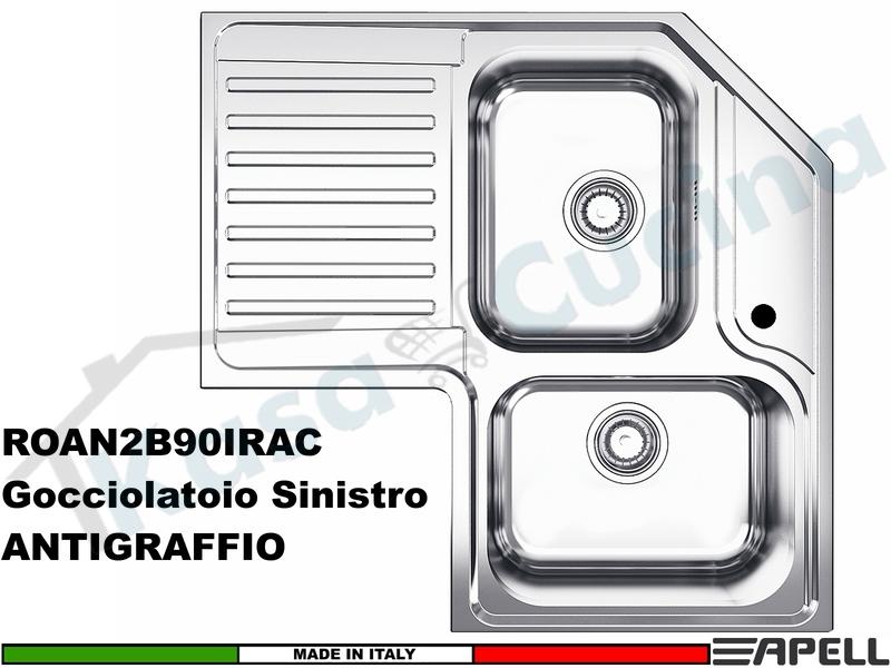 Lavello Incasso cm. 83X83 Acciaio Antigraffio Angolare 2 Vasche Destre