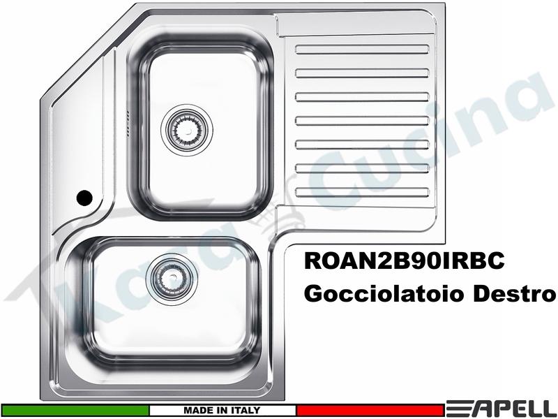 Lavello Incasso cm. 83X83 Acciaio Inox Spazzolato Angolare 2 Vasche Sinistre