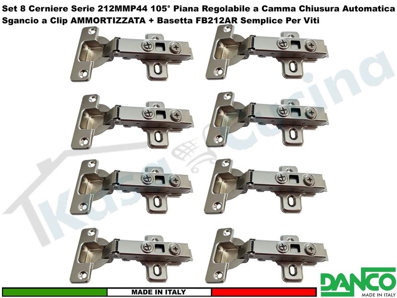 Kit 8 Cerniera Danco 212 Ammortizzata+ Clip 105° Piana + Basetta 212 Semplice