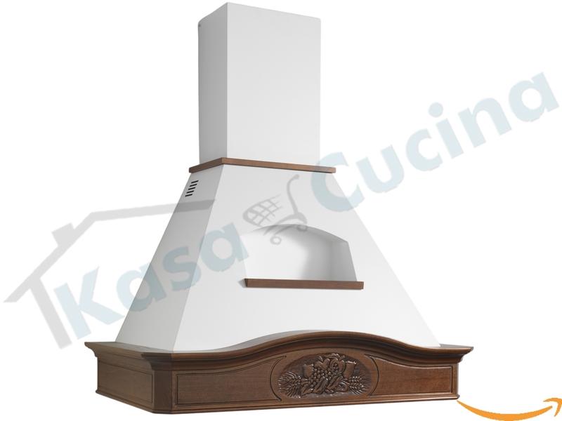 Cappa Cucina Rustica Aspirante Filtrante 120 cm 500 m³/h Cornice Beige ● K GLENDA 120 G Bianca Legno Massello Verniciato, Camino Estensibile ● Filtri Antigrasso in Alluminio lavabili, Illuminazione LED e 3 Livelli di Velocità esercizio ● Made in Italy