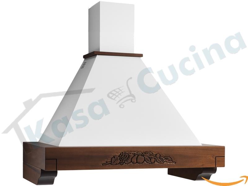 Cappa Cucina Rustica Aspirante Filtrante 120 cm 500 m³/h Made in Italy ● K GRAZIA 120 G Bianca Camino Estensibile Cornice Legno Grezzo ● Filtri Antigrasso in Alluminio lavabili, Illuminazione LED  e 3 Livelli di Velocità esercizio