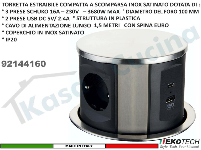 Torretta Multipresa Estraibile a Scomparsa con 3 Prese e 2 USB Compatta Grigia