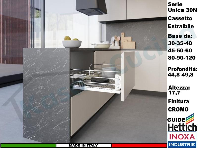 Cassetto Cestone Estraibile Cromo Serie UNICA Guide HETTICH da 30/120 Profond.45