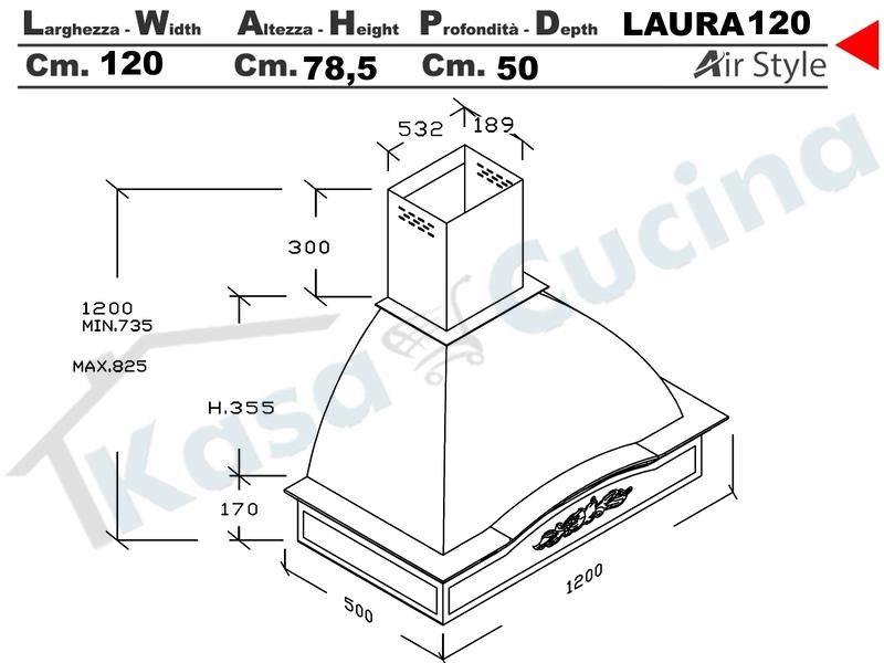 Cappa Parete Rustica LAURA 120 Legno Frassino o Tiglio Grezzo + MOTORE 420 m³/h