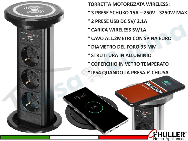 Torretta Multipresa Estraibile Motorizzata 3 Prese 2 USB Ricarica Wireless Nera