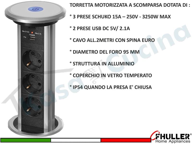 Torretta Multipres Estraibile Motorizzata a Scomparsa con 3 Prese e 2 USB Grigia