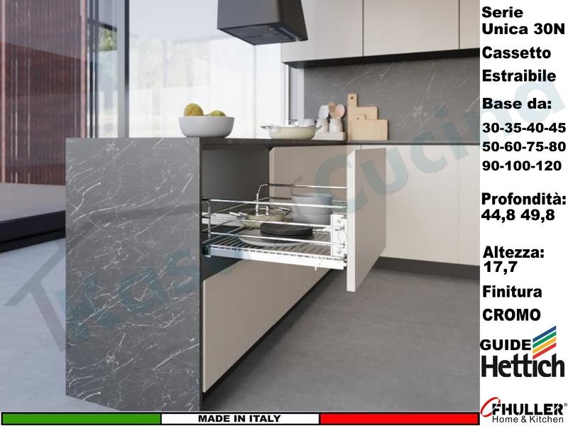 Cassetto Cestone Estraibile Cromo Serie UNICA Guide HETTICH da 30/120 Profond.45