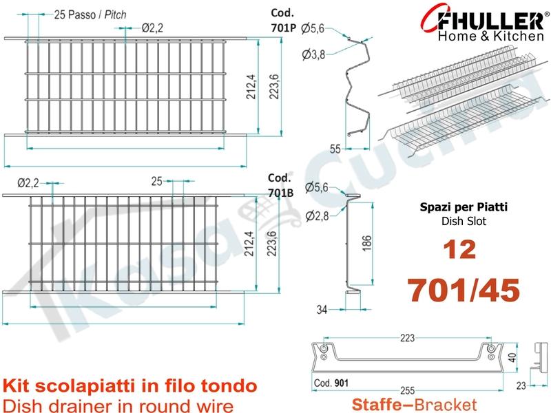 Scolapiatti INOXA-FHULLER Grigio Incasso Pensile 45 Interno 40,6 + Staffe + Vaschetta