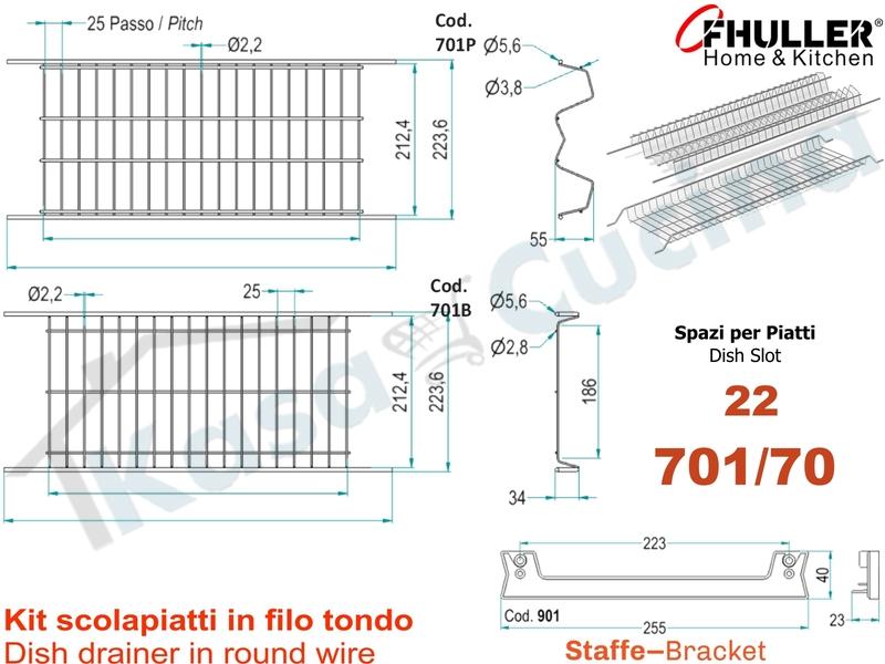 Scolapiatti INOXA-FHULLER Grigio Incasso Pensile 70 Interno 65,5 + Staffe + Vaschetta