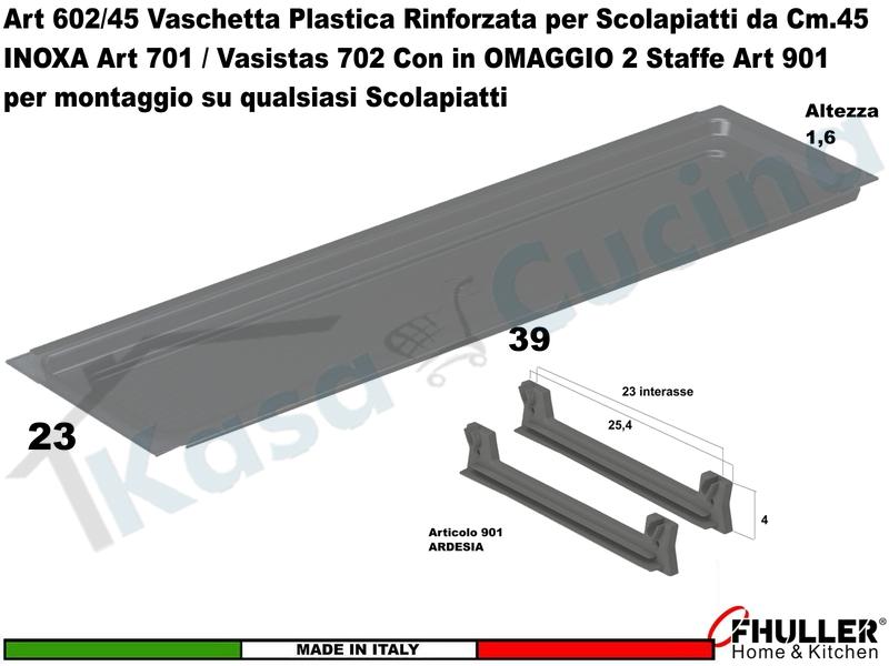 Vaschetta Raccogligocce ARDESIA INOXA 602/45AR Per Scolapiatti da 45 + 2 Staffe