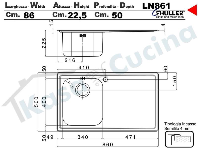 Lavello Apell Linear LN861ILBC 86X50 1 Vasca DX + Gocciolatoio SX Acciaio