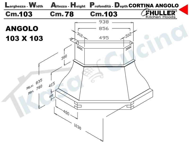 Cappa FHULLER Angolo Cortina 103X103 Legno Frassino o Tiglio Grezzo + MOTORE 420 m³/h