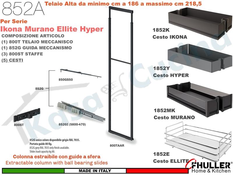 Colonna Estraibile ELLITE 852AE Min 186 Max 218,5 Larg.20 Ardesia + 5 Cesti Ardesia