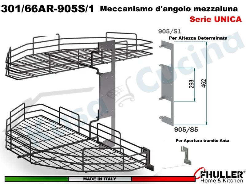 FHULLER 301/76 2 Cestelli Mezzaluna Girevoli Anta 45 +1Staffa +Aggancio ARDESIA