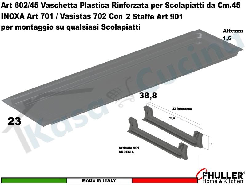 Vaschetta Raccogligocce ARDESIA INOXA 602/45AR Per Scolapiatti da 45 + 2 Staffe
