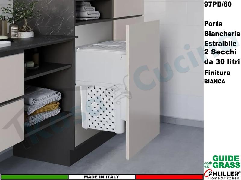 Carello 2 Cesti Portabiancheria da 30 Lt Estraibile 97PB/60B Guide GRASS Base 60