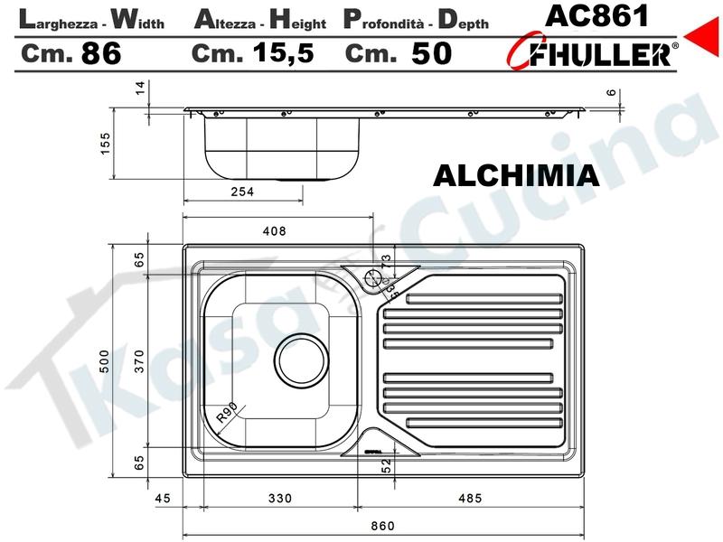 Lavello Incasso FHULLER ALCHIMIA Acciaio Stampato 86X50 1 Vasca DX Gocciolatoio SX