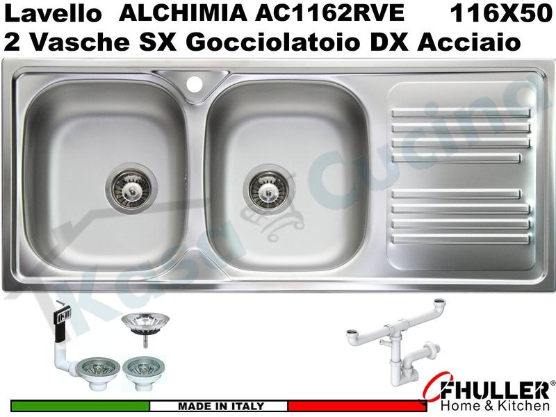 Lavello Incasso FHULLER ALCHIMIA Acciaio Stampato 116X50 2 Vasche SX + Gocciolatoio DX