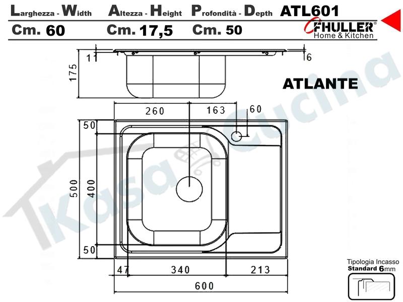 Lavello Incasso FHULLER ATLANTE Acciaio Stampato 61X50 1 Vasca SX Gocciolatoio DX