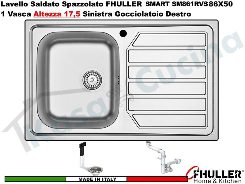 Lavello Incasso FHULLER Mod.SMART Acciaio Spazzolato 86 X 50 1 Vasca H 18 SX e Gocc. DX