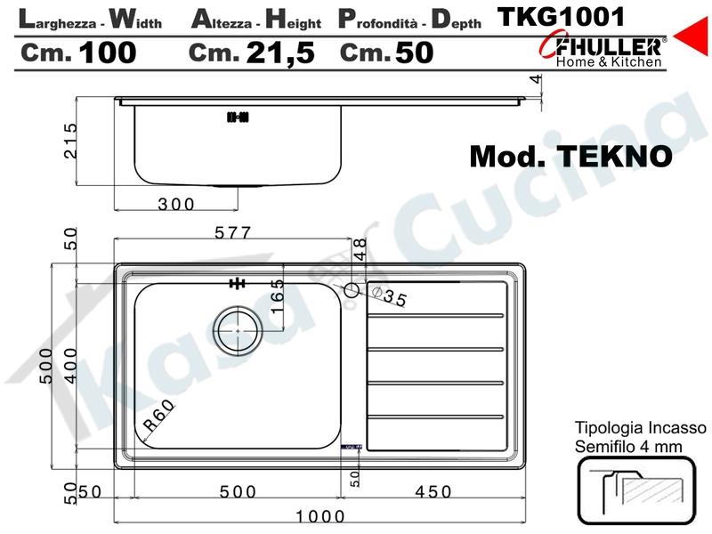 Lavello Incasso FHULLER Mod.TEKNO Acciaio Saldato Spazzolato 100X50 1V DX MAXI e Gocc. SX