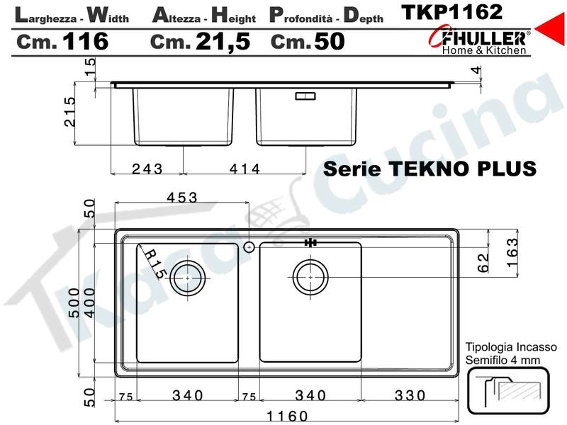 Lavello Incasso FHULLER Tekno Plus Acciaio Sp 10/10 116X50 2 V.H 21,5 DX Goc. Sinistra