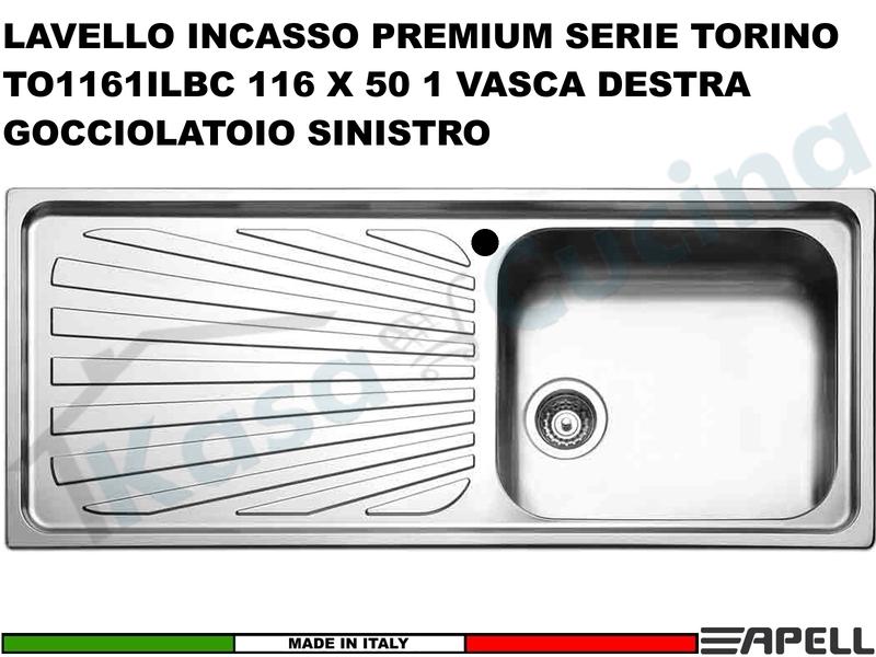 Lavello incasso FHULLER Mod.TORINO TO1161ILBC 116X50 1 Vasca DX e Gocciolatoio SX