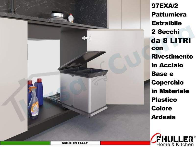 FHULLER Pattumiera Incasso Estraibile Acciaio e Plastica Ardesia 2 Secchi