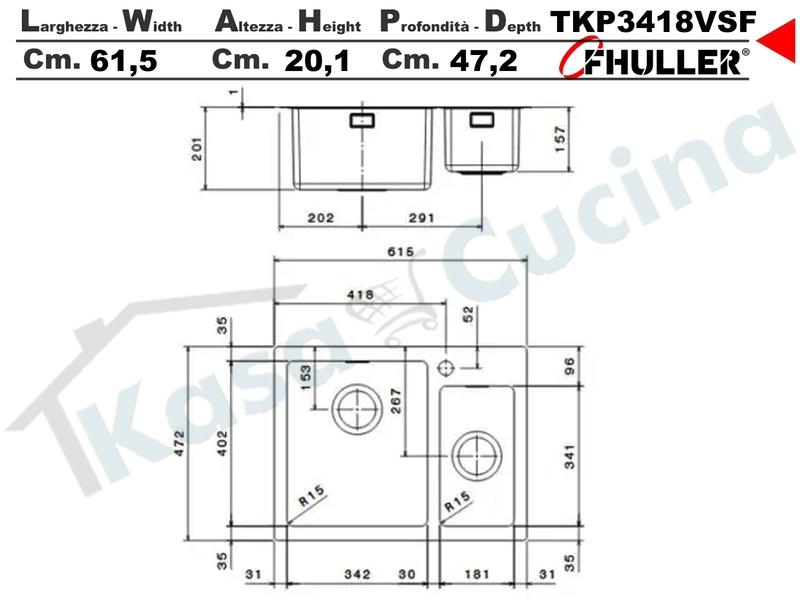 Lavello Incasso FHULLER Tekno Plus Acciaio Sp 10/10 Flat Filo Top 61,5X47,2 1 Vasca H 21,5 ½