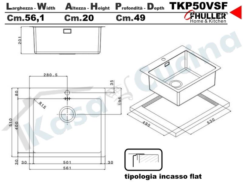 Lavello Incasso FHULLER Tekno Plus Acciaio Sp 10/10 Flat Filo Top 56X51 1 Vasca H 21,5